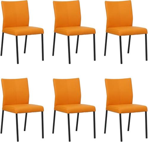 Set van 6 Oranje leren moderne eetkamerstoelen - poot, Huis en Inrichting, Stoelen, Nieuw, Vijf, Zes of meer stoelen, Leer, Ophalen of Verzenden