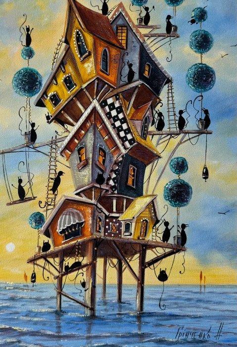 Grinchenko Nataly - A Wonderful View of the City of Cats, Antiek en Kunst, Kunst | Schilderijen | Klassiek