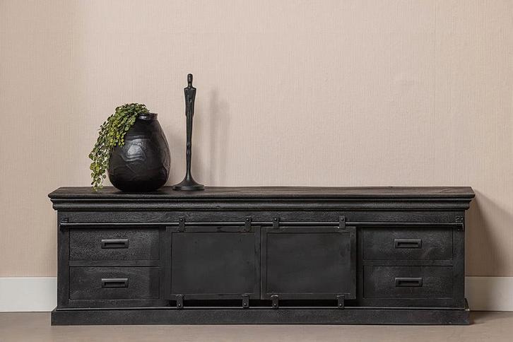 Tv-meubel Mangohout Milan 220 Zwart, Huis en Inrichting, Kasten |Televisiemeubels, Nieuw, Verzenden