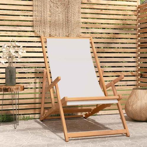vidaXL Strandstoel inklapbaar massief teakhout crèmekleurig, Tuin en Terras, Tuinstoelen, Nieuw, Verzenden