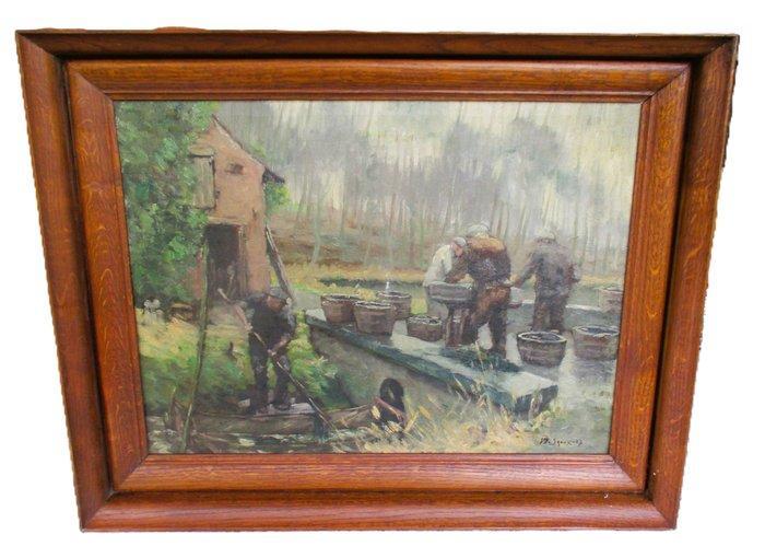 Victor De Groux ( 1895 - 1973 ) - Palingvissers aan het werk, Antiek en Kunst, Kunst | Schilderijen | Klassiek