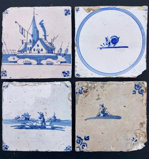 Tegel - Antieke Delfts blauwe tegels met kasteel,, Antiek en Kunst, Antiek | Glaswerk en Kristal