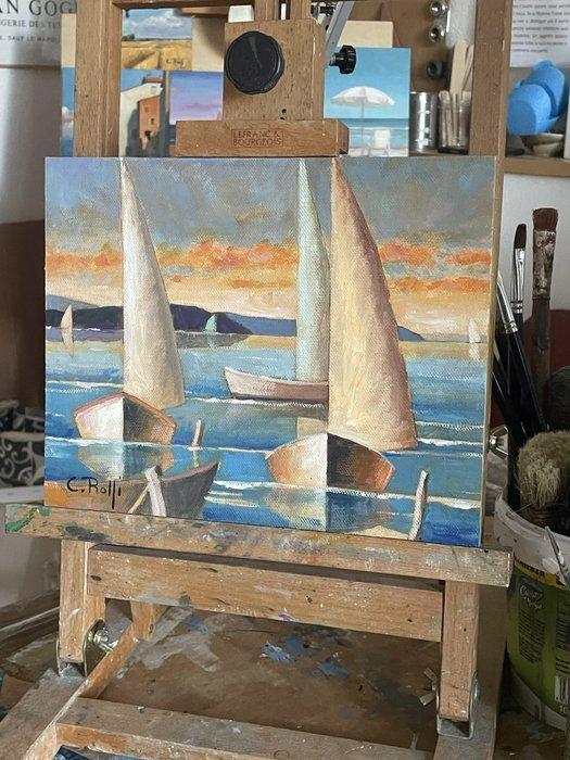 Claudio Rolfi (1960) - Le vele al tramonto, Antiquités & Art, Art | Peinture | Moderne