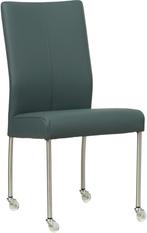 Blauwe leren moderne eetkamerstoel - poot rond inox met wiel, Huis en Inrichting, Stoelen, Overige kleuren, Nieuw, Leer, Ophalen of Verzenden