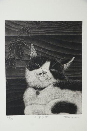 Chat paisible sous des feuilles – Impression en mezzotinte