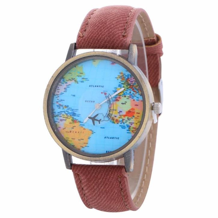 Fako - Horloge - Mini World - Vliegtuig - Donkerbruin, Handtassen en Accessoires, Horloges | Dames, Verzenden