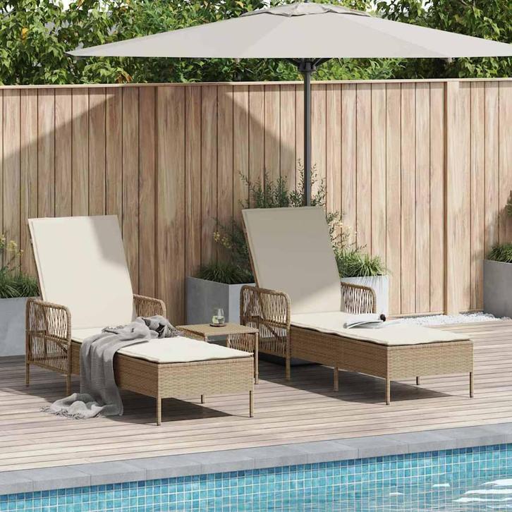 vidaXL Ligstoel met kussen 3 pcs Beige en Crème Wit poly, Jardin & Terrasse, Chaises longues, Envoi