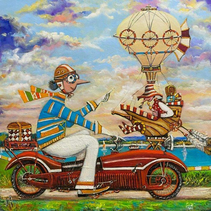 Artur Pachta - Men love motorcycles, Antiek en Kunst, Kunst | Schilderijen | Klassiek