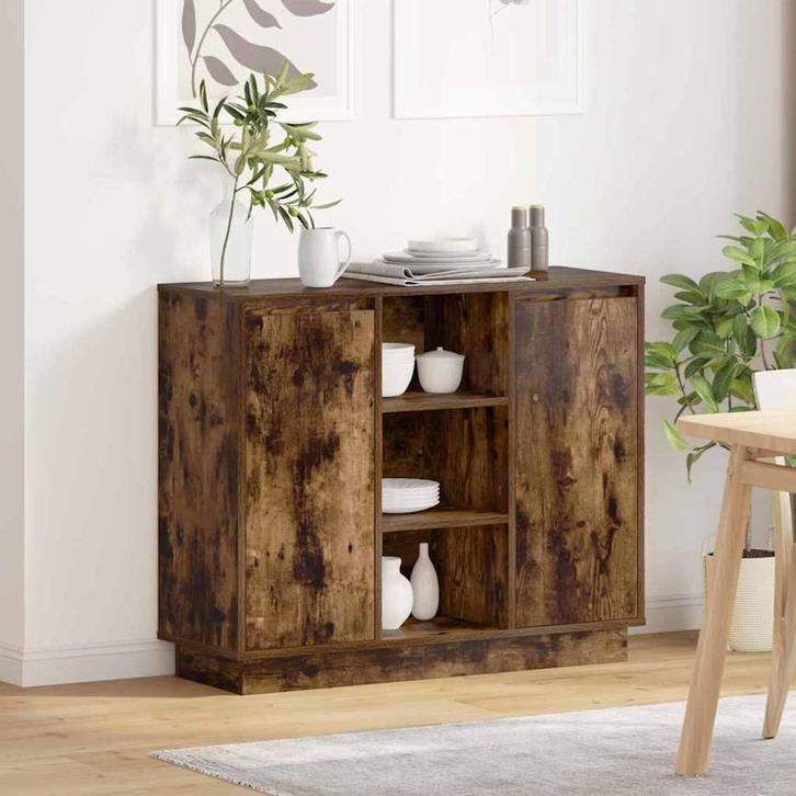 vidaXL Dressoir met plank Rook Eiken 90 x 32 x 75 cm Bewerkt, Huis en Inrichting, Tafels | Kaptafels, Nieuw, Verzenden