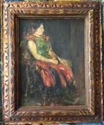 École française (XIX) - Zittende dame in rode jurk, Antiek en Kunst, Kunst | Schilderijen | Klassiek