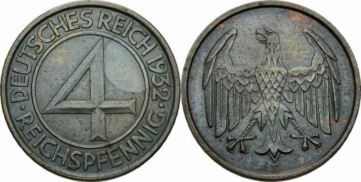 4 Pfennig Weimarer Republik 4 Reichspfennig 1932 E Mulden..., Postzegels en Munten, Munten | Europa | Niet-Euromunten, België