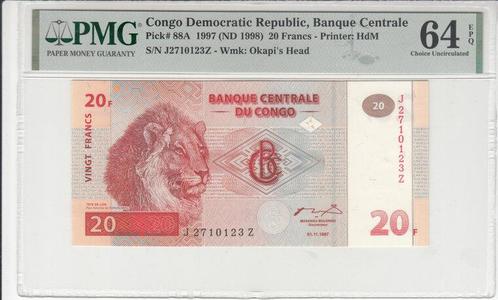 1997 Congo Dem Rep P 88a 20 Francs Pmg 64 Epq, Postzegels en Munten, Bankbiljetten | Europa | Niet-Eurobiljetten, België, Verzenden