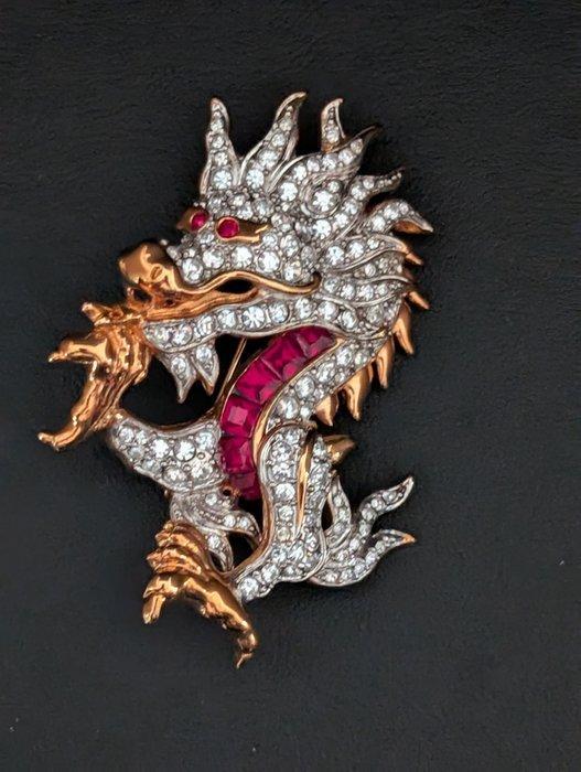 Beeld, Swarovski broche draak - 5 cm - Metaal, rodium gold, Antiquités & Art, Curiosités & Brocante