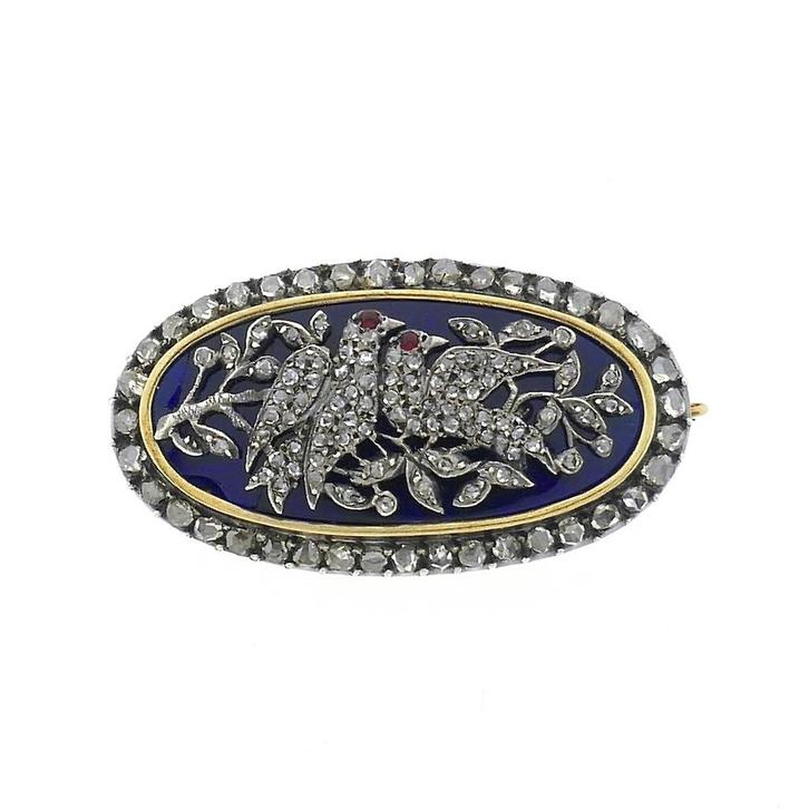 Antiek gouden broche met diamanten en robijn ca. 0,81 ct., Bijoux, Sacs & Beauté, Broches, Enlèvement ou Envoi