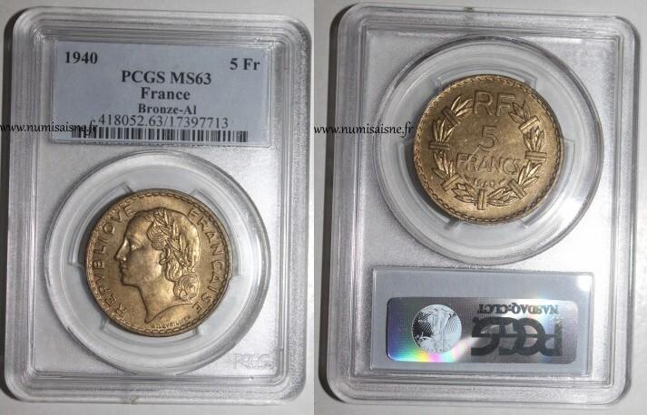 France Frankreich Km 888 5 Francs 1940 Typ Lavrillier Pcg..., Postzegels en Munten, Munten | Europa | Niet-Euromunten, België