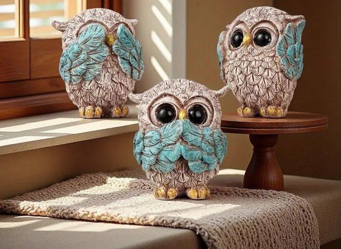 sculptuur, 3 Gufetti in resina - 5.2 cm - Hars, Antiquités & Art, Curiosités & Brocante