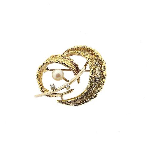 Bicolor gouden fantasie broche met diamant en parel | 0,0..., Handtassen en Accessoires, Broches, Overige kleuren, Gebruikt, Met edelsteen