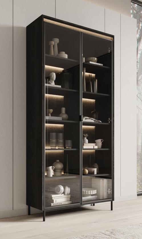 Meubella vitirnekast Timoteo mat zwart 90cm, Huis en Inrichting, Kasten | Vitrinekasten, 25 tot 50 cm, Nieuw, 50 tot 100 cm, 150 tot 200 cm