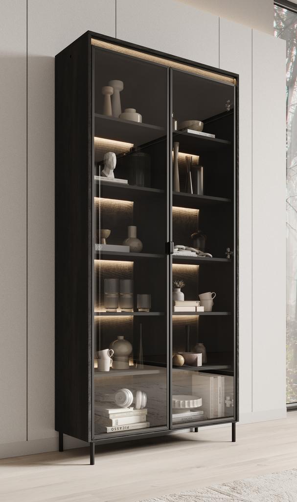 Meubella vitirnekast Timoteo mat zwart 90cm, Maison & Meubles, Armoires | Vitrines, Envoi