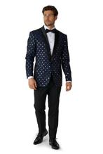 Donkerblauwe Goud Stip Smoking Heren OppoSuits, Verzenden