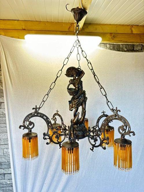 Lamp - Elegantie in Licht – Art Nouveau Kroonluchter met, Antiek en Kunst, Curiosa en Brocante