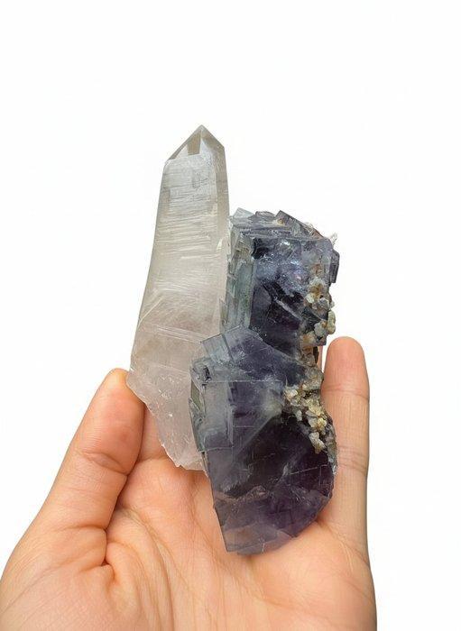 Zuiver fluoriet op kwarts Kristal op matrix - Hoogte: 116 mm, Verzamelen, Mineralen en Fossielen