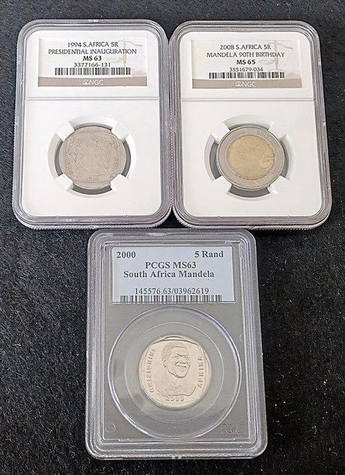 Afrique du Sud. 5 Rand 1994, 2000 & 2008 (lot of 3, Postzegels en Munten, Munten | Europa | Niet-Euromunten