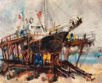 Urbain Huchet (1930-?). - Le bateau le câblier. Au port, Antiquités & Art