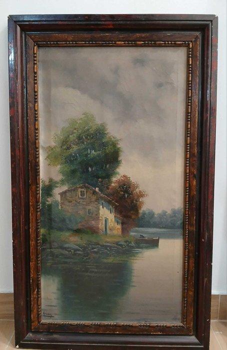 Europese school (XIX) - Paisaje lacustre - NO RESERVE, Antiek en Kunst, Kunst | Schilderijen | Klassiek