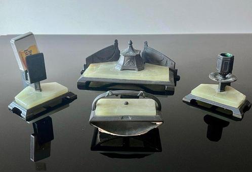 Vintage antique Art Deco green onyx and zamak 4 piece desk -, Antiek en Kunst, Kunst | Designobjecten