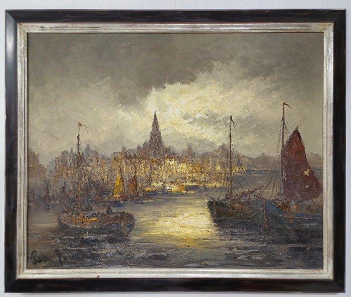 Peter Brouwer (1935) - Hafen von Amsterdam bei Dämmerung, Antiek en Kunst, Kunst | Schilderijen | Klassiek