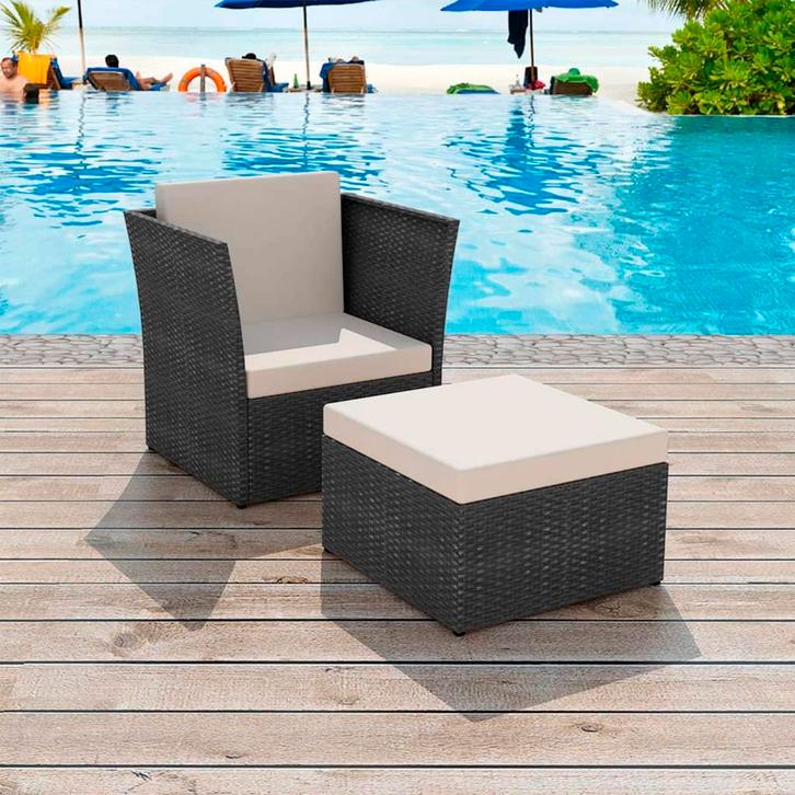 vidaXL Tuinstoel met voetenbank poly rattan zwart, Tuin en Terras, Tuinstoelen, Nieuw, Verzenden
