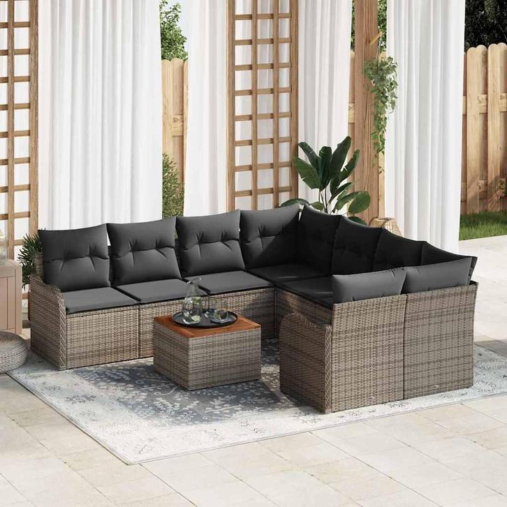 vidaXL Tuinbank Set 9 pcs Grijs Poly rattan, Tuin en Terras, Tuinsets en Loungesets, Nieuw, Verzenden