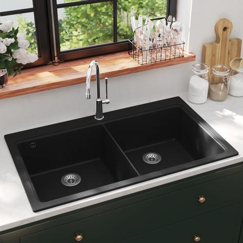 vidaXL Spoelbak opbouw graniet dubbele bak zwart, Huis en Inrichting, Keuken | Keukenelementen, Nieuw, Verzenden
