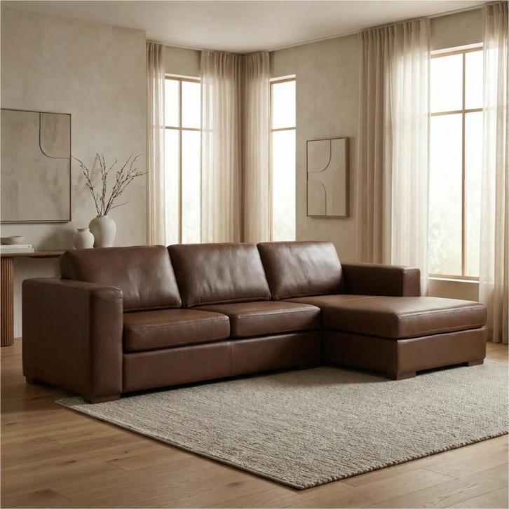 Leren hoekbank Flow - 2 zits + longchair, Huis en Inrichting, Zetels | Zetels, 200 tot 250 cm, 75 tot 100 cm, Nieuw, Leer, Ophalen of Verzenden