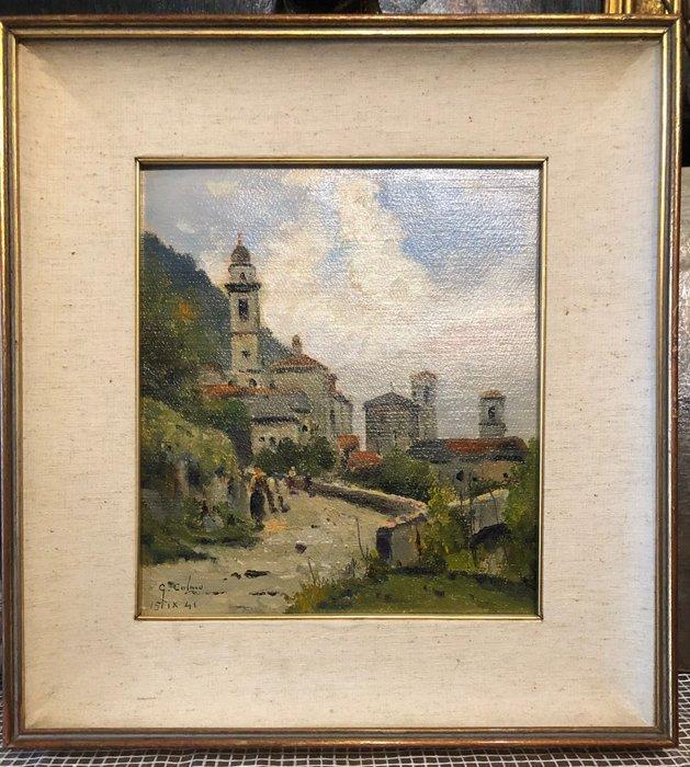 Scuola ita - Piccolo borgo con personaggi, Antiek en Kunst, Kunst | Schilderijen | Klassiek