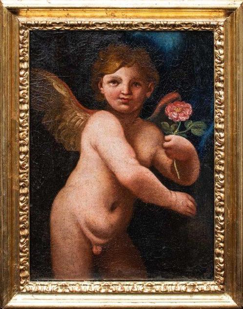 Scuola emiliana (XVII) - Putto con rosa, Antiek en Kunst, Kunst | Schilderijen | Klassiek