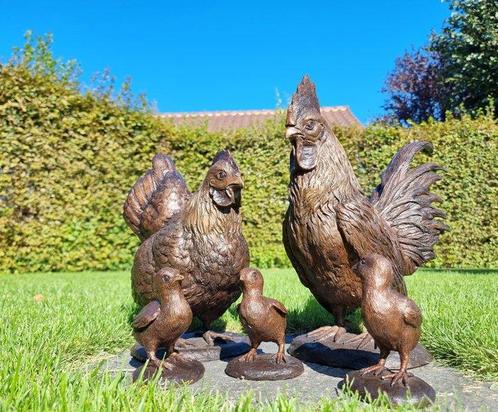 sculptuur, Levensechte kippenfamilie - 47 cm - Brons, Antiek en Kunst, Curiosa en Brocante