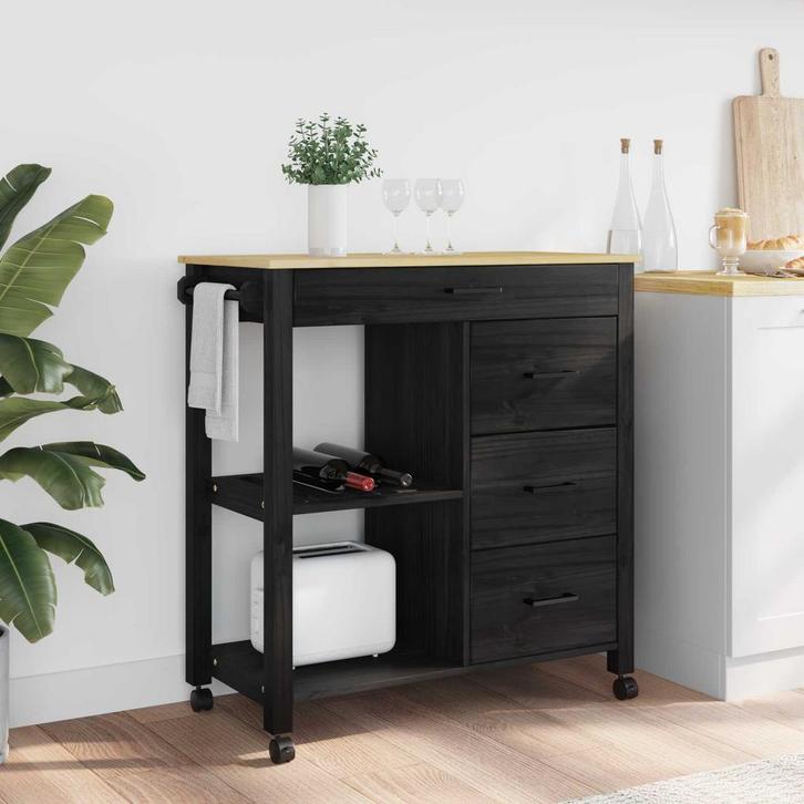 vidaXL Keuken Trolley MONZA Zwart 84 x 40 x 88,5 cm Massief, Huis en Inrichting, Keuken | Keukenbenodigdheden, Nieuw, Verzenden