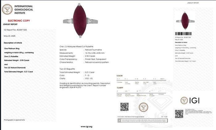 Ring Platina - 3.11ct. tw. Toermalijn - Diamant -, Handtassen en Accessoires, Ringen
