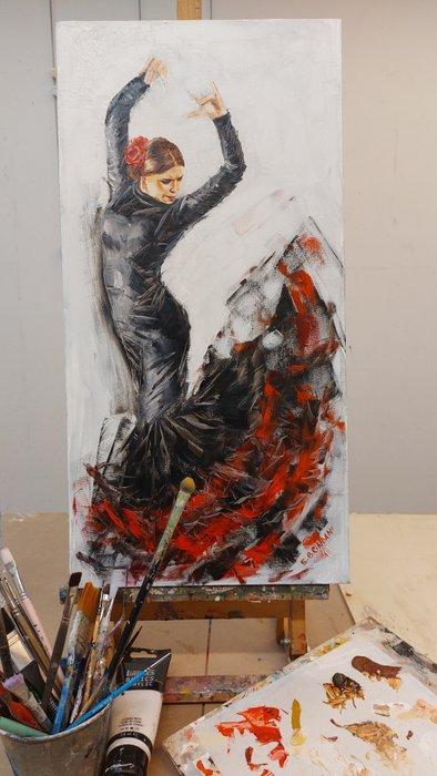 Elisa Brindani - Ballerina di flamenco con abito nero e, Antiquités & Art, Art | Peinture | Moderne