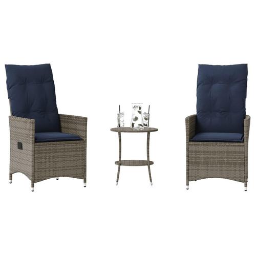 vidaXL 3-delige Bistroset met kussens poly rattan grijs, Tuin en Terras, Tuinsets en Loungesets, Nieuw, Verzenden