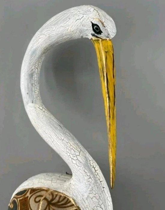 sculptuur, Large Hand-Carved Wooden Crane - Batik Style Wing, Antiquités & Art, Curiosités & Brocante