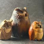 Three Wooden Owl Sculptures - Snijwerk Hout - Japan (Zonder, Antiek en Kunst