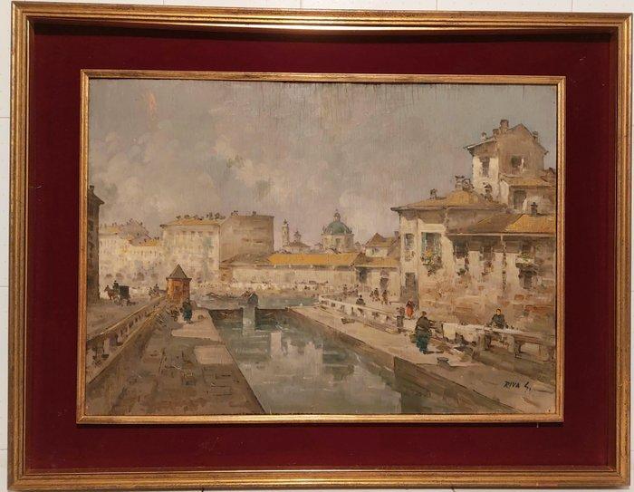 Giuseppe Riva (1890-1973) - Il Naviglio a Milano, Antiek en Kunst, Kunst | Schilderijen | Klassiek