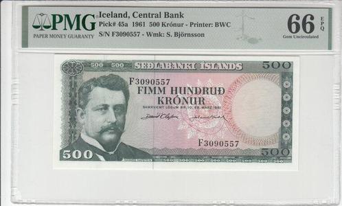 1961 Iceland P 45a 500 Kronur Pmg 66 Epq, Postzegels en Munten, Bankbiljetten | Europa | Niet-Eurobiljetten, België, Verzenden