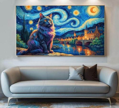 Kosmo - Titolo: Gatto Sotto la Notte Stellata - XXL, Antiek en Kunst, Kunst | Schilderijen | Modern