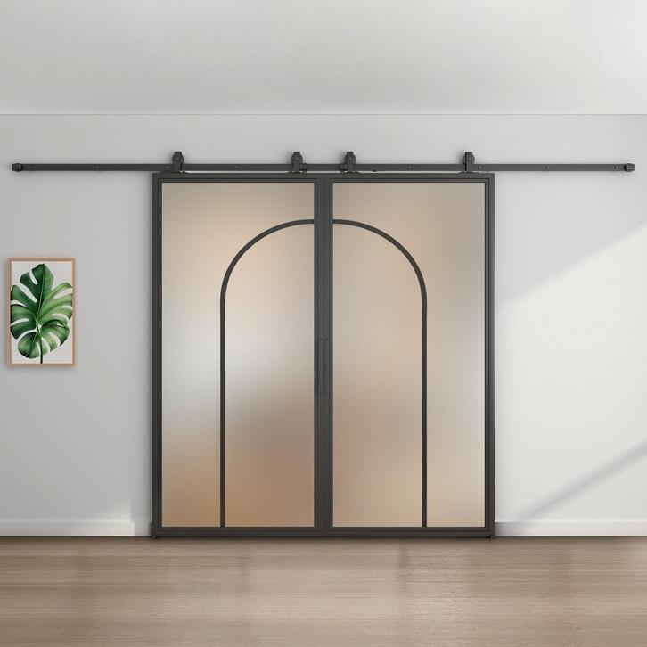 Dubbele stalen schuifdeur - Zwart - 2 Vlaks rond - Mat glas, Bricolage & Construction, Châssis & Portes coulissantes