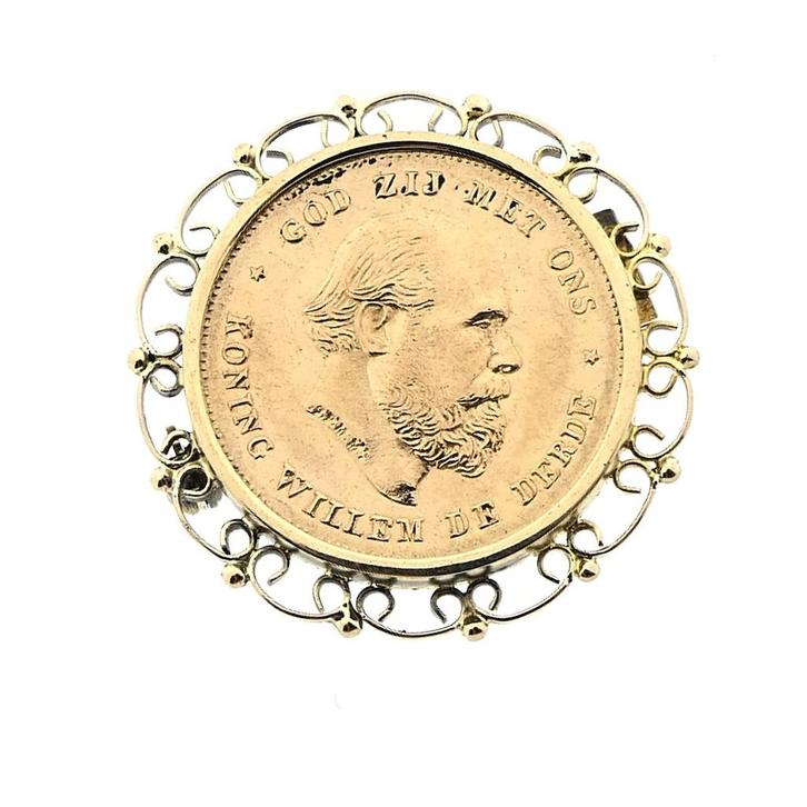 Gouden broche van 10 gulden munt Koning Willem De Derde 1875, Handtassen en Accessoires, Broches, Overige kleuren, Gebruikt, Goud