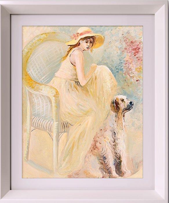 Europese school (XX) - Joven posando con mascota, Antiek en Kunst, Kunst | Schilderijen | Klassiek